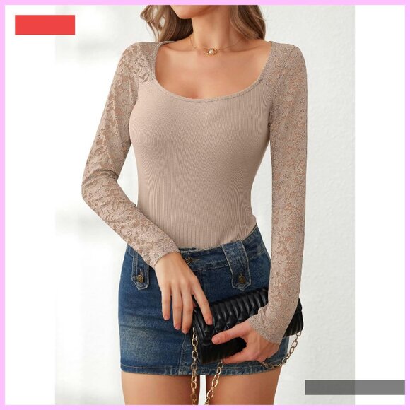 Long Sleeve Scoop Neck Lace Top Rib Knit Slim Fit Blouse - Picture 4 of 4